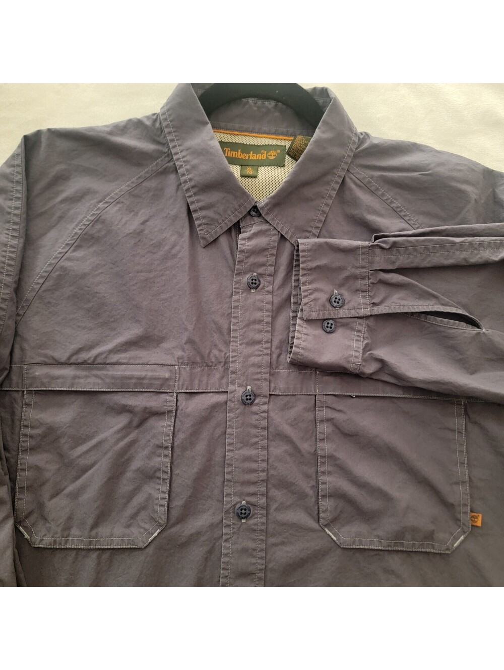 Timberland Vintage Mens XL Solid Gray Long Sleeve Cotton Button-Up Shirt Pockets